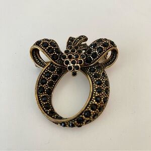 Circular Bow Costume Jewelry Brooch Gold Toned with Black Glass Crystals EUC